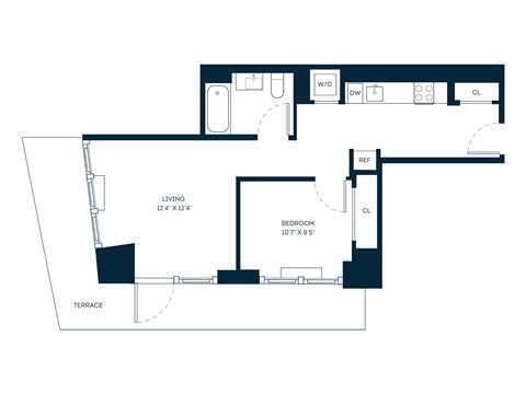 Floor plan for 1 bed, 1 bath, 591 sqft